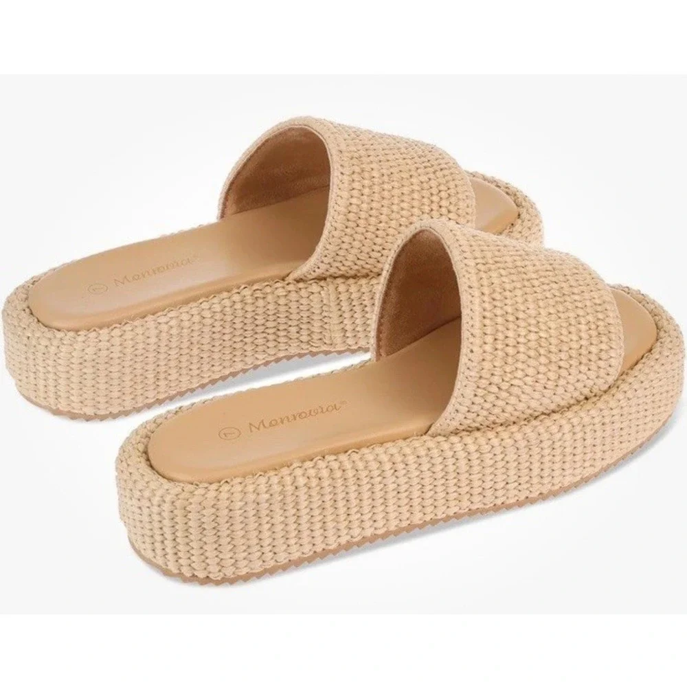 Monrovia Platform Sandals Womens Wedge Espadrilles Brown Tan‎ Beach Sandals Sz 6